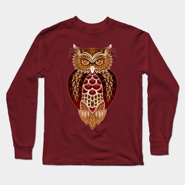 Barn Owl In Browns and Reds Long Sleeve T-Shirt by RachelZizmann